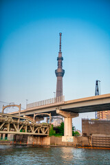 Obraz premium Sunset view of Tokyo Skytree and Sumida River from a ferry, capturing glowing city lights and reflections on the water