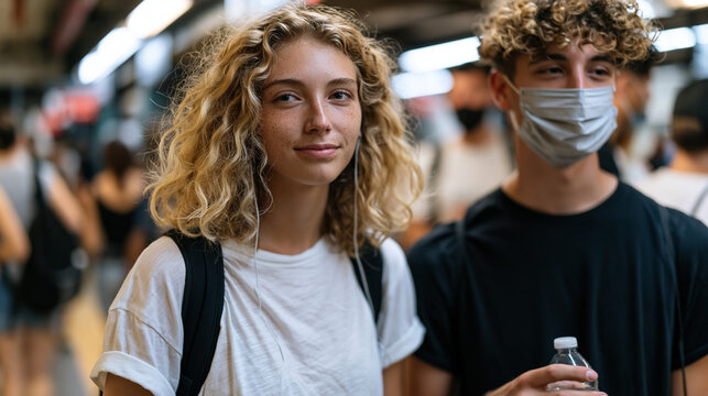 Two strangers on an urban subway platform during a July heat emergency, one handing a sealed water bottle to another who is visibly overheated, neither making eye contact, the spontaneous act of car