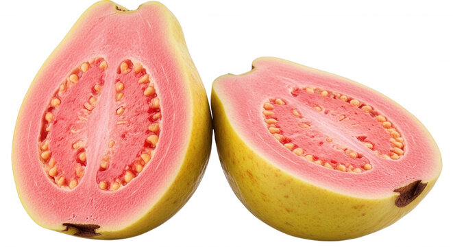 Two halves of a fresh pink guava fruit with yellow skin and small seeds, isolated against a solid black background