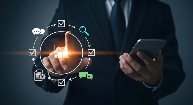 Business professional interacting with digital data analytics interface on smartphone showcasing data driven decision making