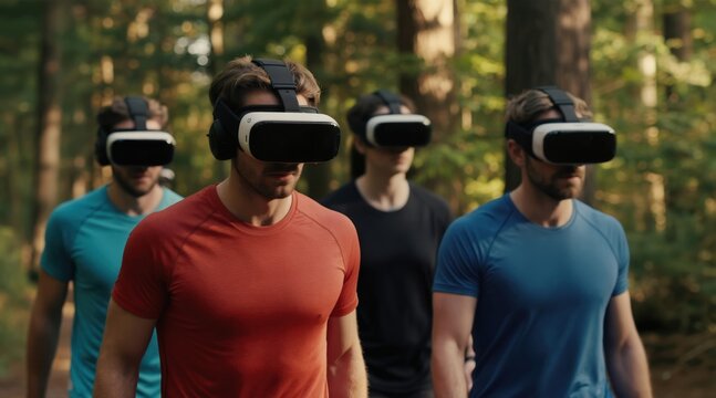 Four athletes wear VR headsets walking in forest during sunny day. People train using virtual reality gear outdoors. Modern tech for fitness and future sports.