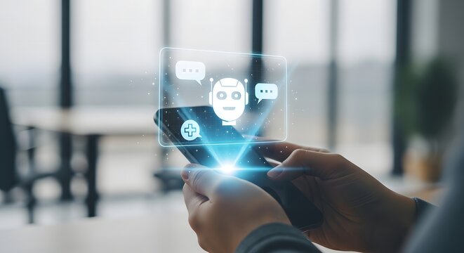 Chatbot interface on smartphone ai communication and customer service technology concept