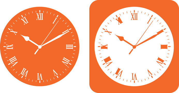 Vintage roman numeral clocks with matching orange and white backgrounds Vector, illustration