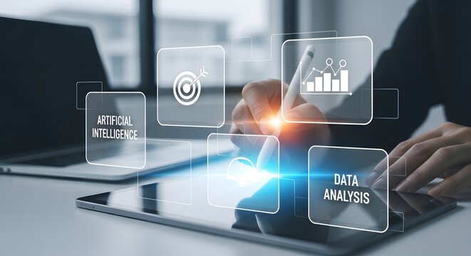 Data science and artificial intelligence concept with digital interface and business analytics graphics