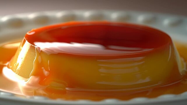 Thick dark caramel syrup pouring over a smooth glossy flan pudding dessert on a white plate creating elegant ripples.
