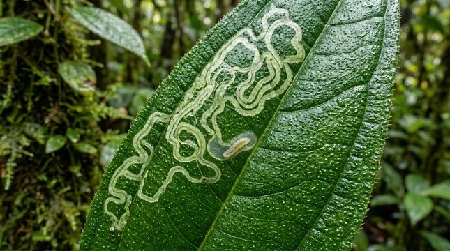 Intricate Leaf Miner Trails on a Vibrant Green Leaf in a Lush Forest.