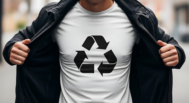 Man wearing a white t-shirt with a black recycle logo under an open jacket