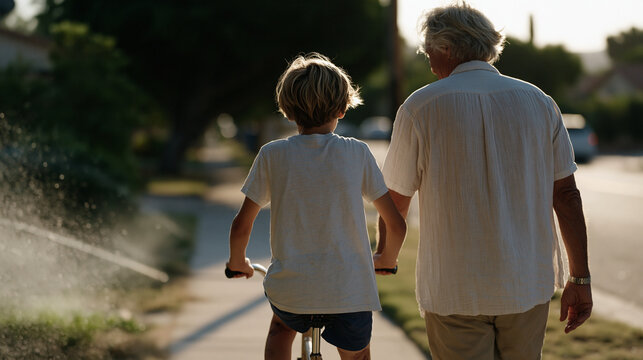 Grandfather steadying bicycle seat while sweating grandson pedals down sun-drenched neighborhood sidewalk on July afternoon, knees scabbed from earlier falls, determination written across boy's furr