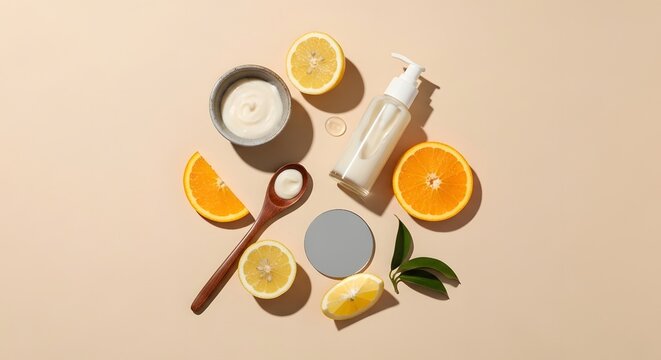 Natural skincare products with citrus fruits and cream