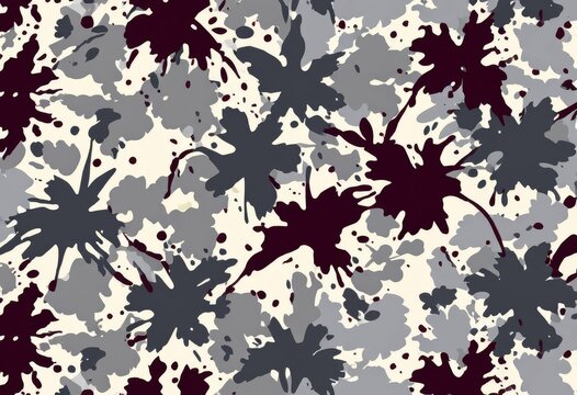 Seamless pattern combining gray camouflage with dark red ink splashes
