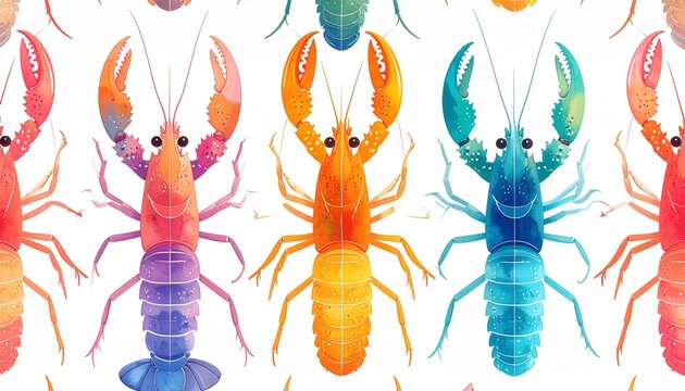 Colorful mantis shrimp seamless pattern in flat 2D vector illustration on white background