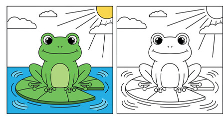 Obraz premium Cute Cartoon Green Frog Sitting on a Lily Pad in a Pond with Sun and Clouds, Whimsical Nature Wildlife