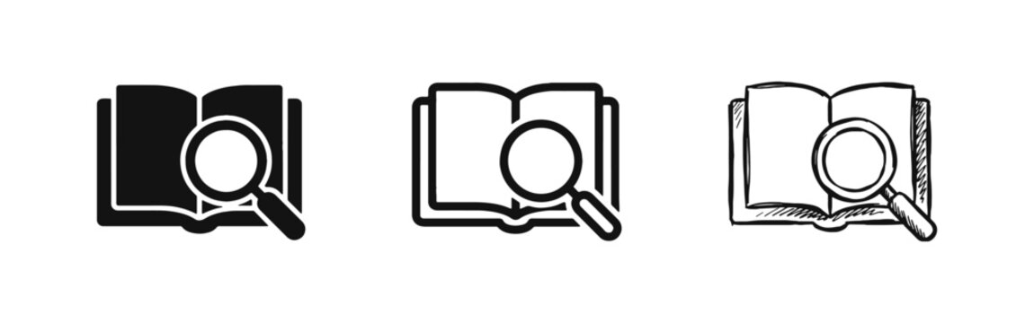 Open book with magnifying glass icon set for research and education