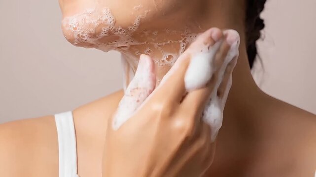Closeup of hands gently washing neck with soapy foam lather skincare routine hygiene and self