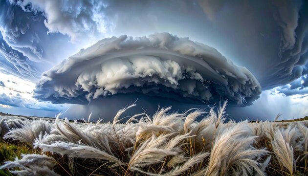 Dramatic storm cloud formation with fractus scud wisps over golden wheat field under moody sky