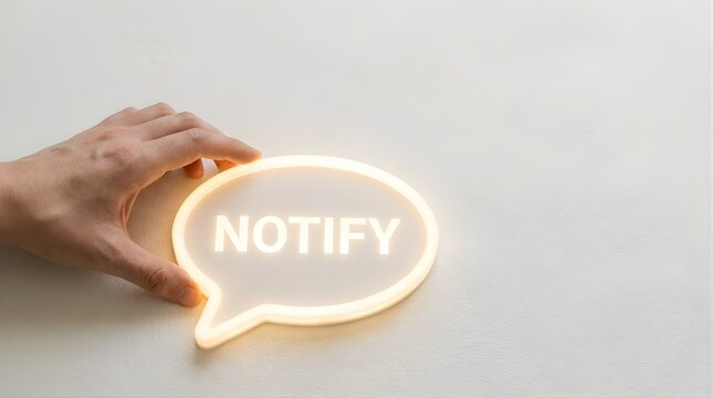 Hand hovering over glowing neon speech bubble with the word notify in modern design