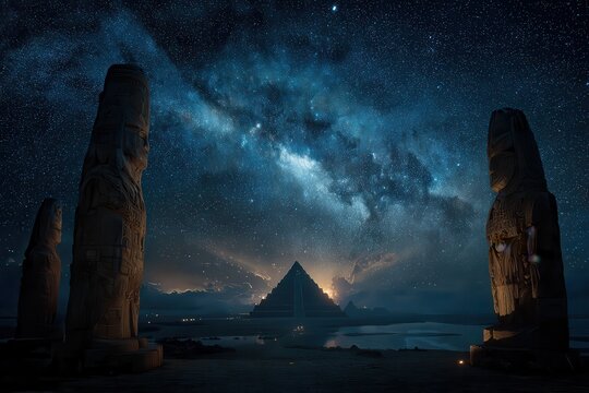 Ancient Mystery Under the Stars: A majestic pyramid stands silhouetted against a vibrant night sky filled with stars and a breathtaking milky way. Ancient stone statues flank the foreground.