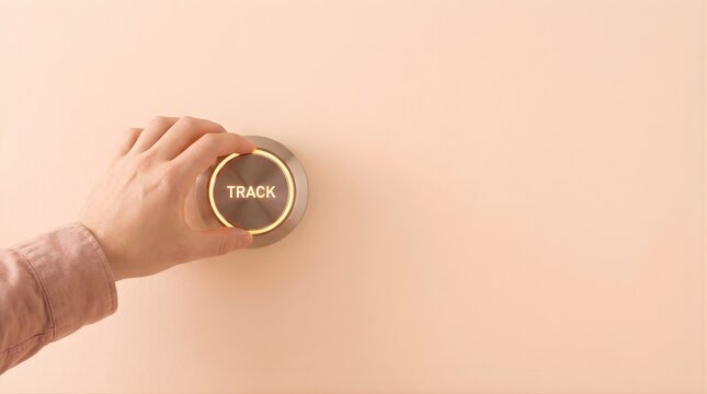 Hand pressing interactive circular track button on minimalist light beige wall interface