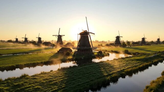 Scenic aerial view of windmills on a foggy morning with sunlight in a Dutch landscape