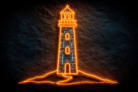 Neon Lighthouse Beacon: A solitary lighthouse, illuminated by vibrant neon light, stands as a beacon of hope against a textured, dark background. A symbol of guidance and steadfastness in the night.