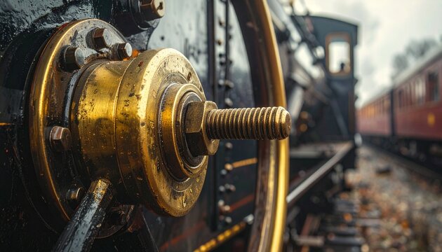 Vintage train handbrake wheel close-up on heritage rolling stock in industrial setting