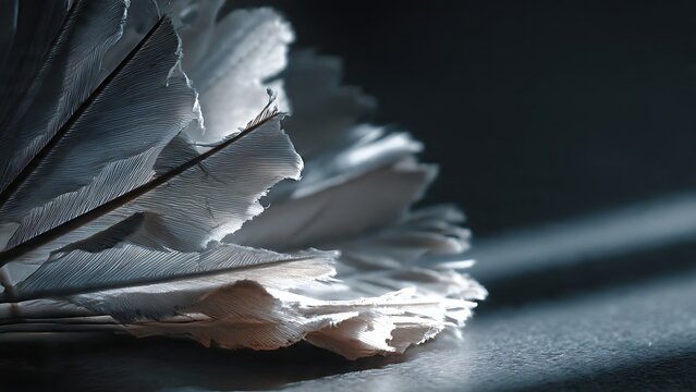 Worn badminton shuttlecock feathers in soft lighting. Sports equipment fragility and gameplay concept for athletic visuals.