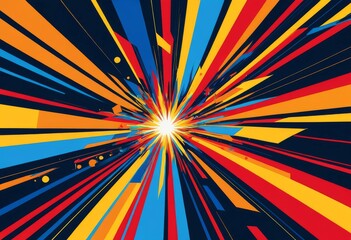Fototapeta premium Abstract explosion illustration with vibrant red, blue, and orange bursting on a navy background
