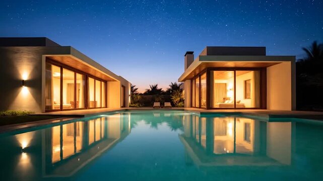 Modern luxury villa with illuminated infinity pool at dusk reflecting architecture and palm trees