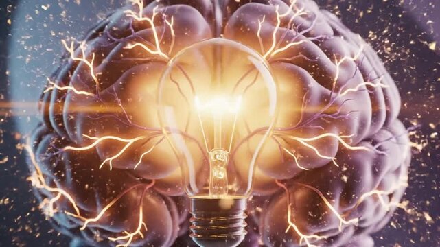 Brain with Light Bulb Illuminated as Symbol of Intelligence, Idea, and Innovation with Energy Exploding