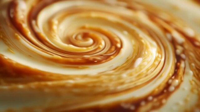 A close-up of a dynamic spiral pattern of light custard and dark caramel spinning, creating a visual spin on a liquid food texture