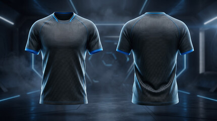 Two modern sports jerseys displayed in a futuristic setting with dramatic lighting and reflective surfaces