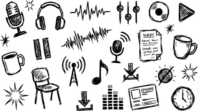 Podcast and audio production scribble icon set