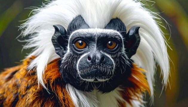 Cotton-top tamarin monkey close-up portrait with white mohawk crest in natural habitat macro detail