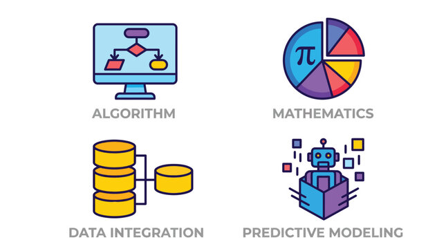 Vector graphic illustration of Data science and algorithm colorful icons Vector