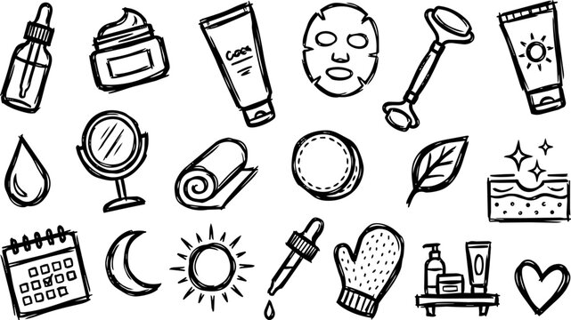 Skincare routine beauty scribble icon set
