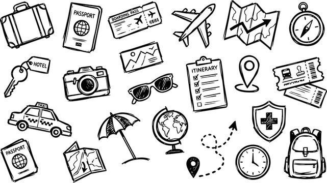 Travel planning vacation scribble icon set