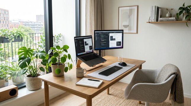 home office workspace desk computer plants indoor plants productivity remote work work home ergonomic chair comfortable workspace dual monitors laptop notebook pencils mousepad
