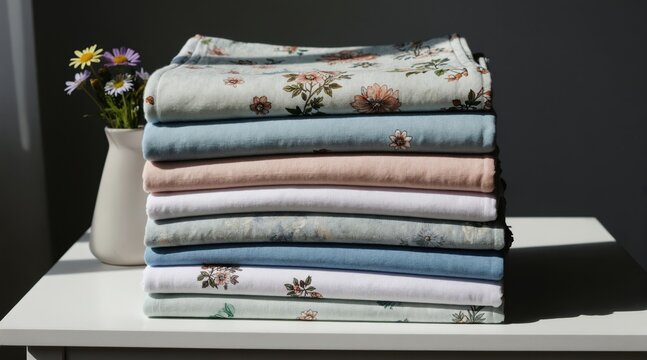 Stack of folded fabric linens in pastel floral patterns sits on white table. Small flowers in vase nearby create cozy home decor scene. Clean bedding textile is neatly organized.