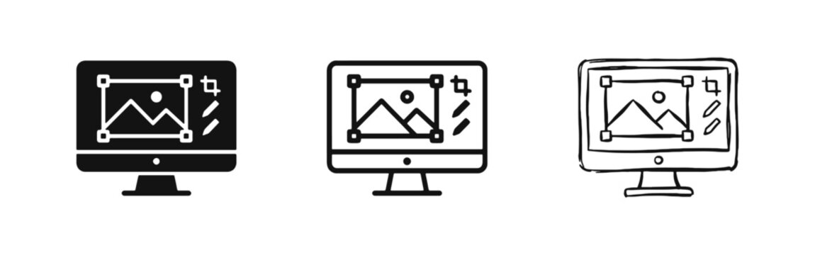 Graphic design software icon set with computer monitor and image editing tools on screen for creative work