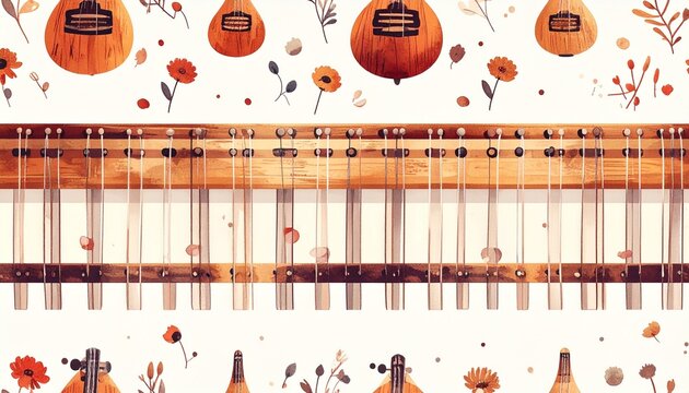Hammered Dulcimer String Layout in Seamless Autumn Leaf Pattern Illustration