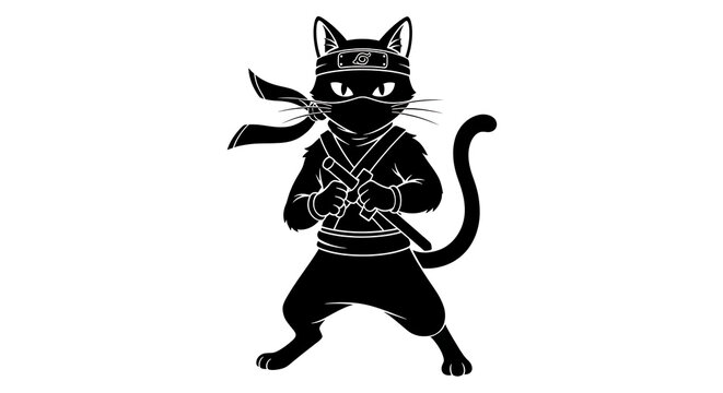 Ninja Cat Silhouette Character Vector Illustration with Japanese Warrior Style and Stealth Animal Mascot Design