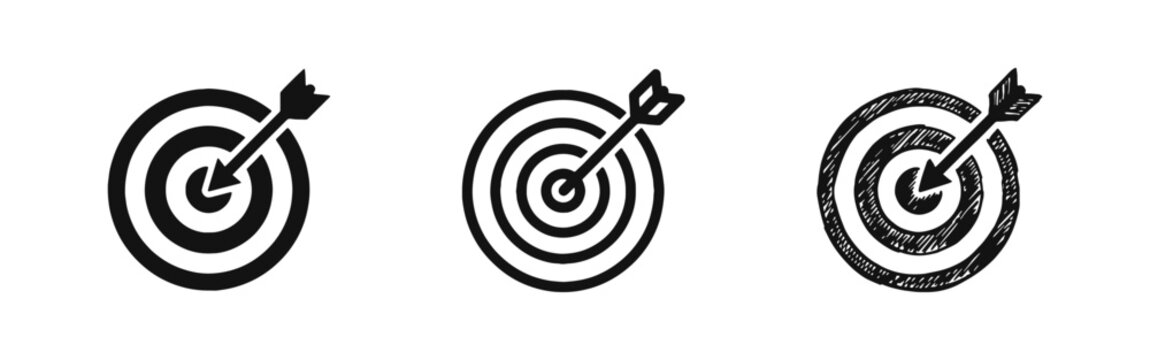 Goal success and target icon set featuring arrow hitting the center of a bullseye for business achievement