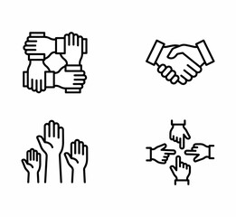 Obraz premium Line art icons depicting various forms of human interaction, teamwork, agreement, participation, and shared focus.
