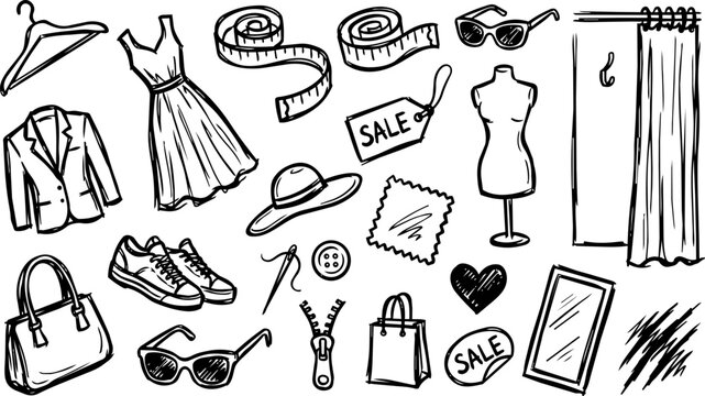 Fashion boutique clothing scribble icon set