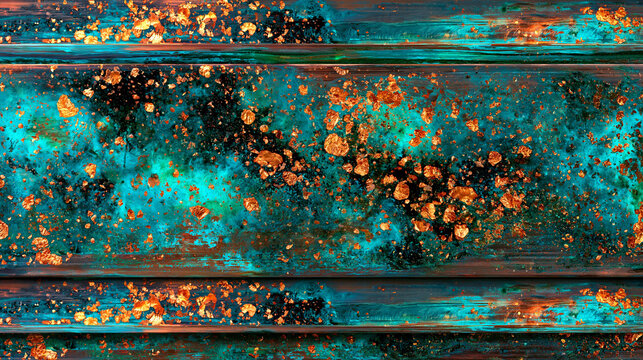 Arri&egrave;re-plan de m&eacute;tal &agrave; patine bleu sarcelle et feuilles de cuivre oxyd&eacute;es. Texture grunge industriel avec forte corrosion et nuances turquoise