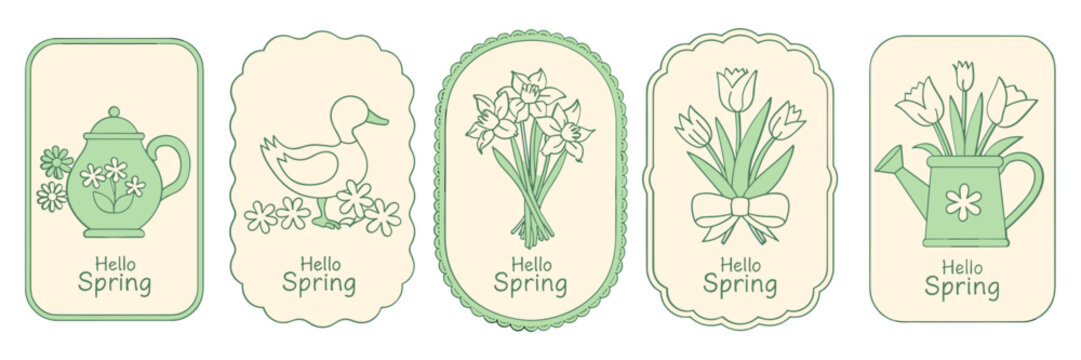 Spring vintage coquette floral cards. Posters with hand drawn whimsical line frames, bow, cute goose, tulip, daffodil, watering can, teapot with adorable flowers in green colors. Vector illustration.