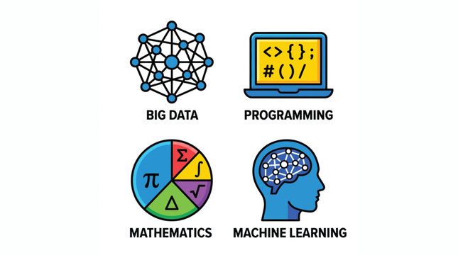 Vector graphic illustration of Colorful icons for big data, prelearning, mathematics and machine learning Vector