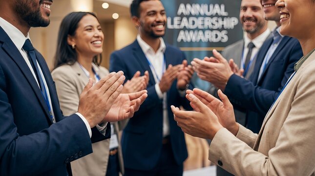 Leadership awards celebration scene. Executives and staff celebrate with applause and smiles
