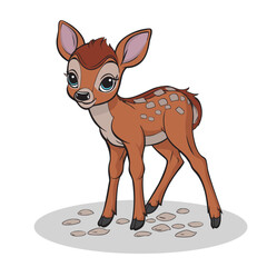 Fototapeta premium An adorable cartoon fawn with big blue eyes and spots on its back standing on a white background. Sweet character design of a baby deer, perfect for children books or stickers.