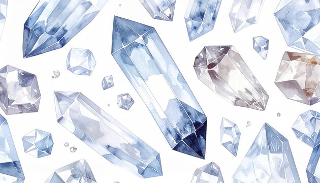 Seamless pattern of geometric crystal shards and molecular structures in icy blue and clear tones